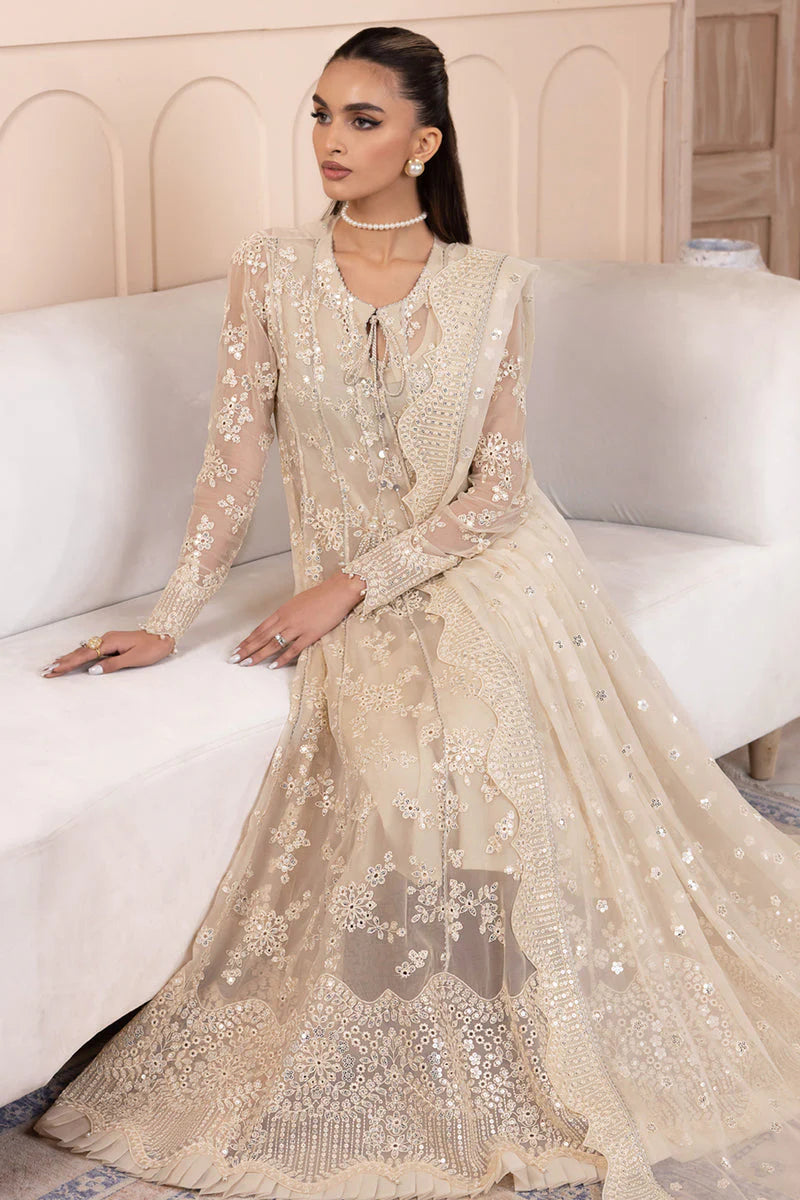 Jazmin Embroidered Chiffon Unstitched 3-Piece Suit - Ivory & Gold Luxury Collection