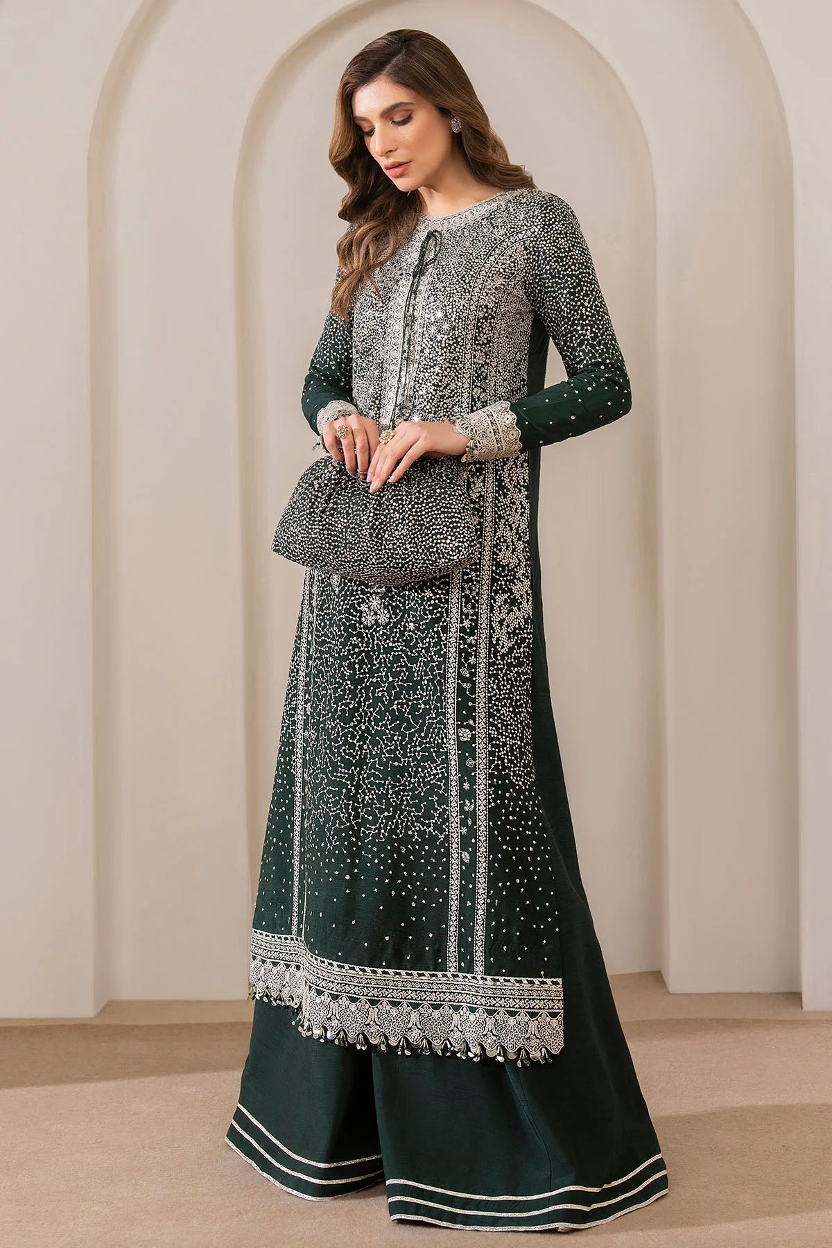 Jazmin Embroidered Korean Raw Silk Unstitched 3-Piece Suit - Emerald Green Luxury Collection