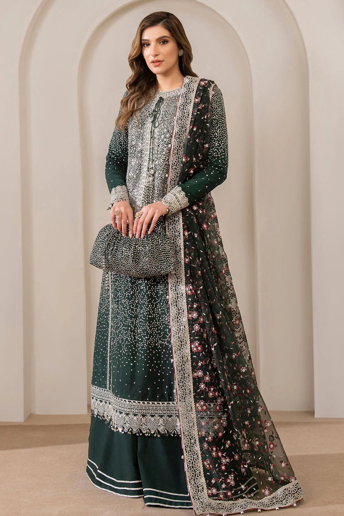 Jazmin Embroidered Korean Raw Silk Unstitched 3-Piece Suit - Emerald Green Luxury Collection