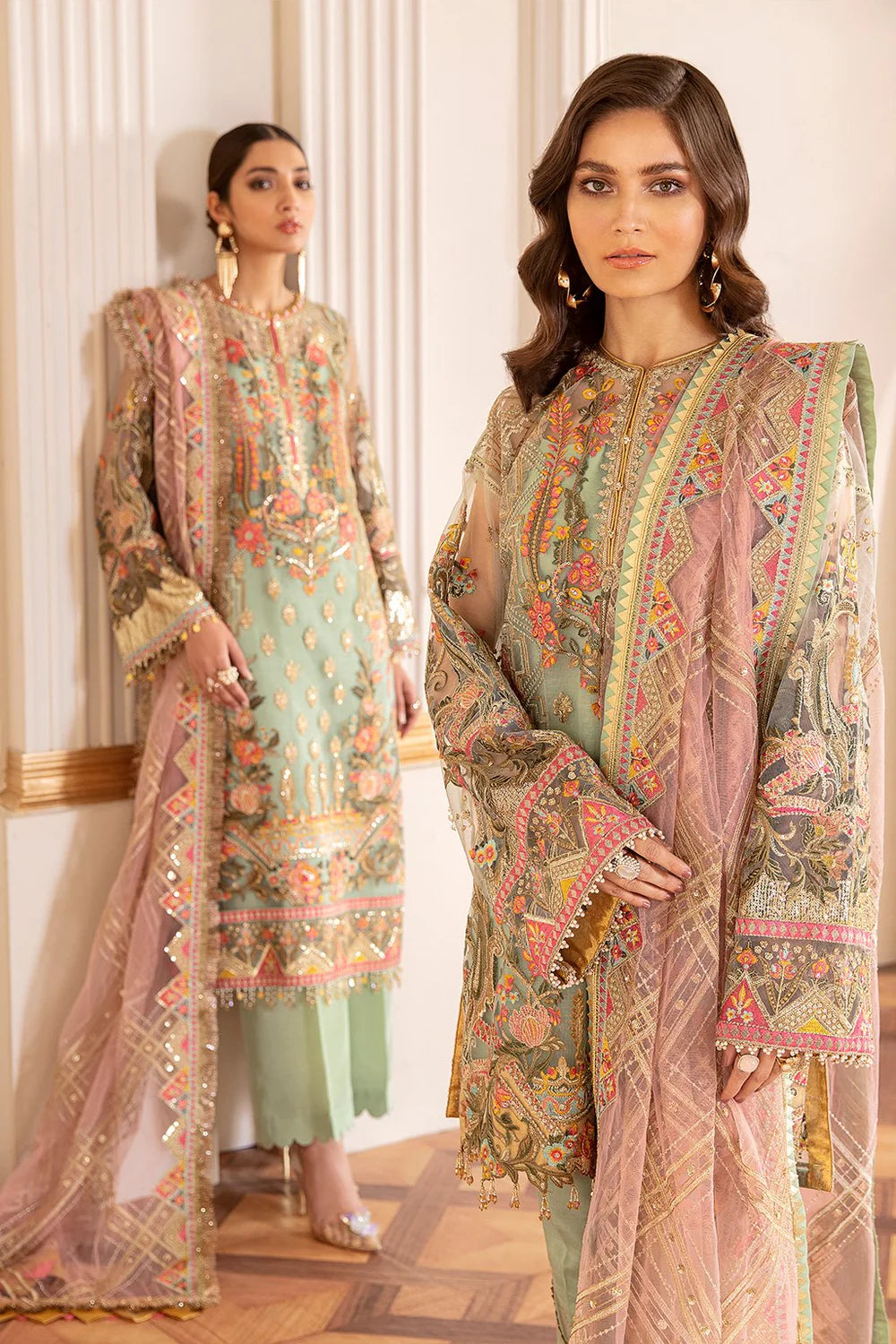 Chantelle Embroidered Unstitched 3-Piece Suit - Mint & Peach Luxury Collection