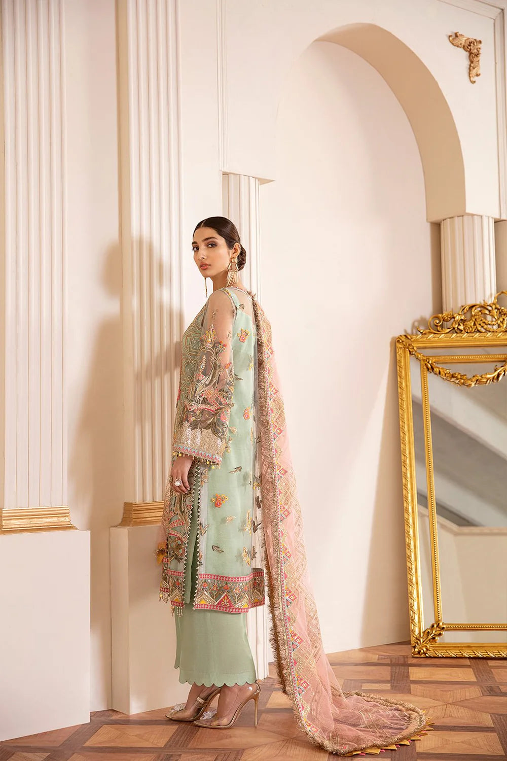Chantelle Embroidered Unstitched 3-Piece Suit - Mint & Peach Luxury Collection