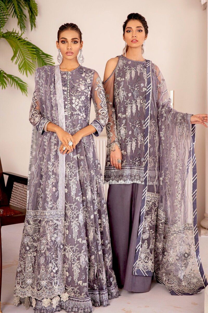 Chantelle Embroidered Net Unstitched 3-Piece Suit - Mauve Grey Luxury Collection