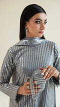 Baroque Silver-Grey Sequin Unstitched 3-Piece Suit - Vertical Stripe Design
