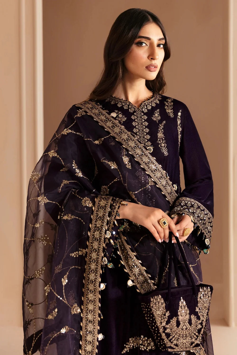 Jazmin Embroidered Pure Velvet Unstitched 3-Piece Suit - Navy Blue Luxury Collection