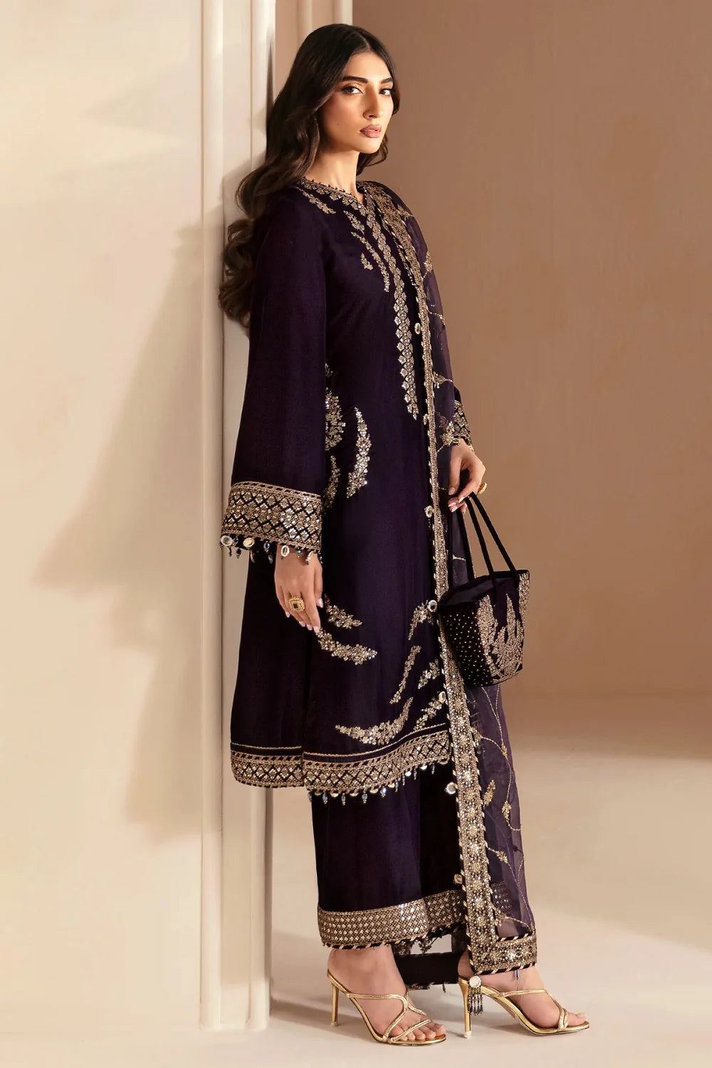 Jazmin Embroidered Pure Velvet Unstitched 3-Piece Suit - Navy Blue Luxury Collection