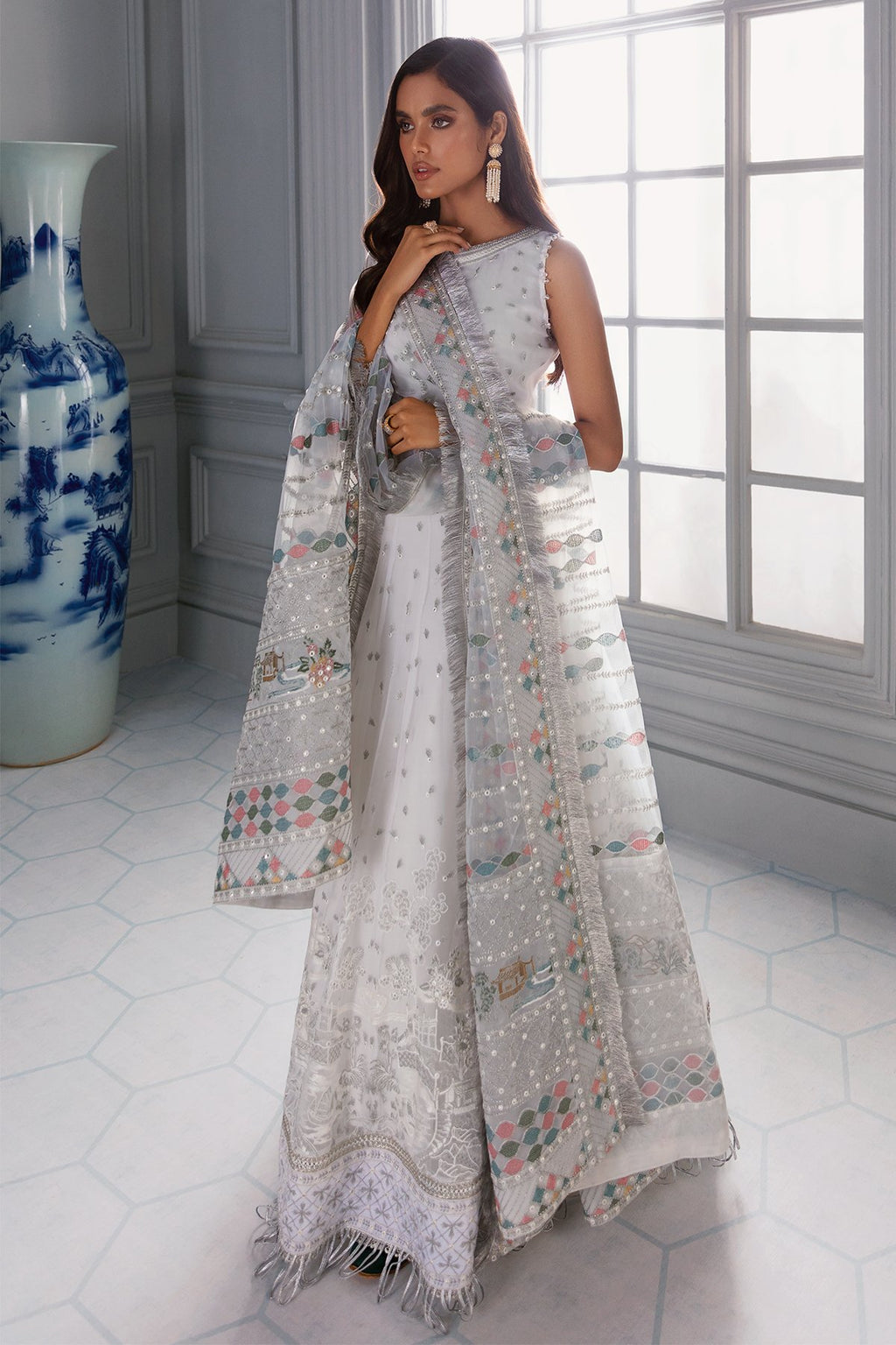 Iris Embroidered Chiffon Unstitched Suit - Mint Blue & White Luxury Collection