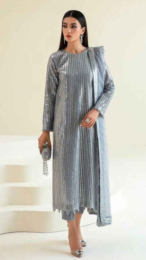 Baroque Silver-Grey Sequin Unstitched 3-Piece Suit - Vertical Stripe Design