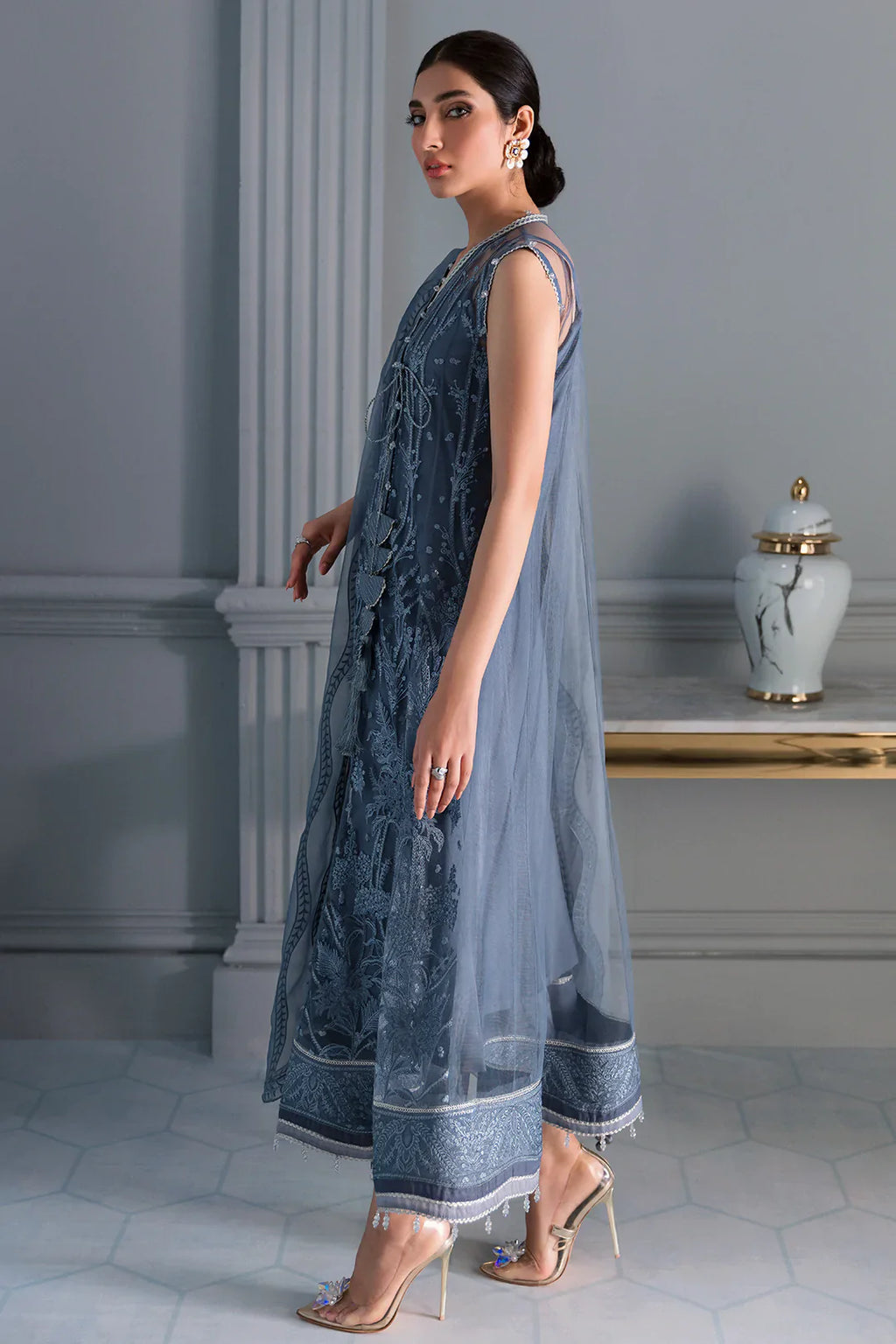 Iris Embroidered Net Unstitched Suit - Navy Blue Luxury Collection